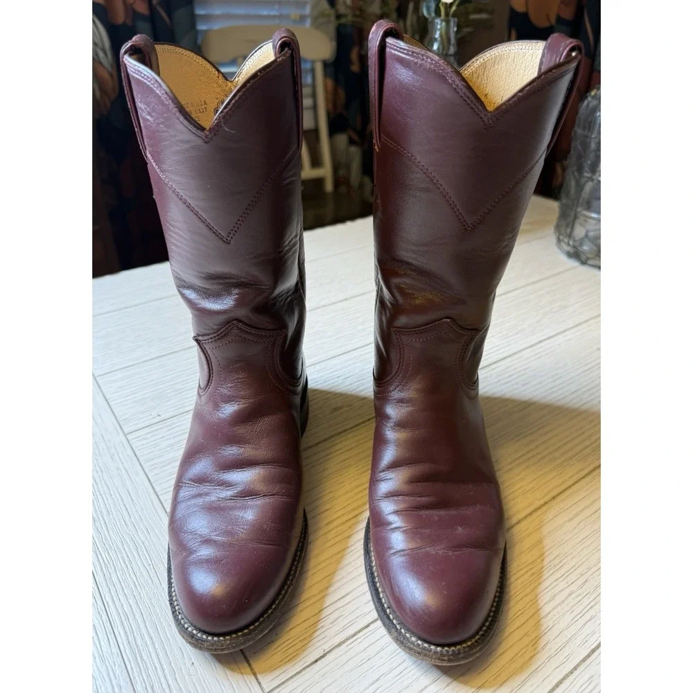 Justin Vintage Roper Boots Women's / Kids 4 B Made In‎ USA L3068 Maroon Leather